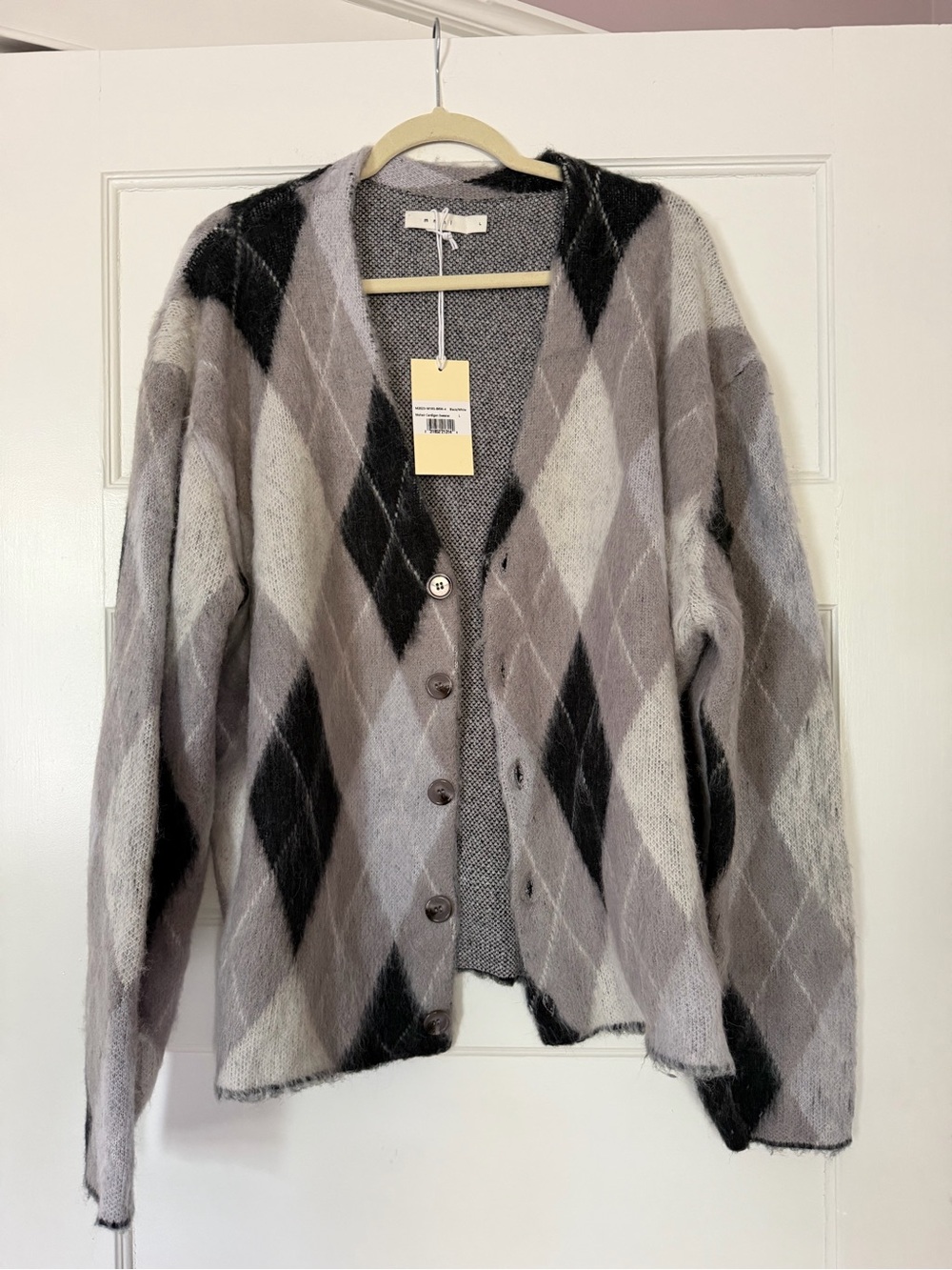 MNML Mohair Argyle Cardigan Sweater Men’s Large Black Gray White NWT